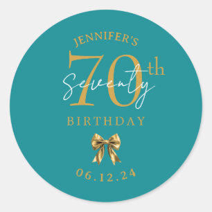 Gold Coquette Bow 70th Birthday Party Turquoise Classic Round Sticker