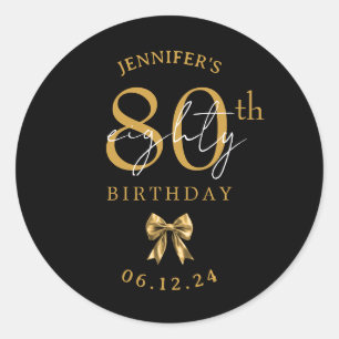 Gold Coquette Bow 80th Birthday Party Black Classic Round Sticker