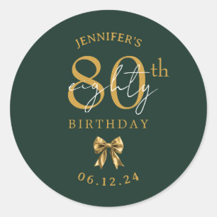 Gold Coquette Bow 80th Birthday Party Green Classic Round Sticker