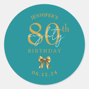 Gold Coquette Bow 80th Birthday Party Turquoise Classic Round Sticker
