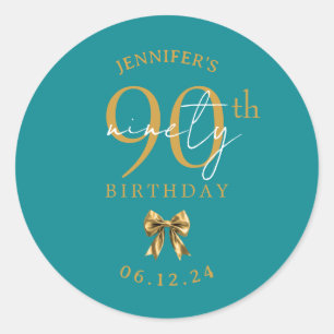 Gold Coquette Bow 90th Birthday Party Turquoise Classic Round Sticker