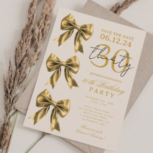 Gold Coquette Bow Save Date 30th Birthday Cream Invitation