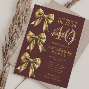 Gold Coquette Bow Save Date 40th Birthday Burgundy Invitation