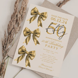 Gold Coquette Bow Save Date 50th Birthday Champagn Invitation