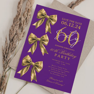 Gold Coquette Bow Save Date 60th Birthday Purple Invitation