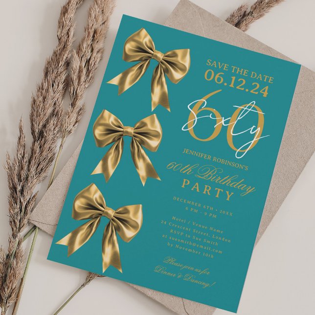 Gold Coquette Bow Save Date 60th Birthday Teal Invitation (Gold Coquette Bow Save Date 60th Birthday Teal Invitation)