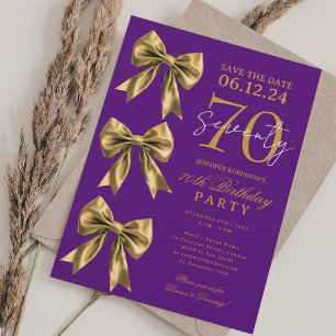 Gold Coquette Bow Save Date 70th Birthday Purple Invitation