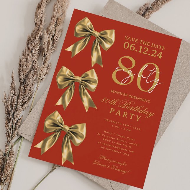 Gold Coquette Bow Save Date 80th Birthday Red  Invitation (Gold Coquette Bow Save Date 80th Birthday Red Invitation)