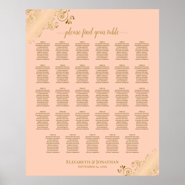 Gold & Coral Peach 29 Table Wedding Seating Chart (Front)