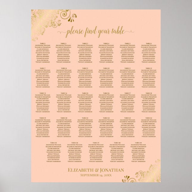Gold & Coral Peach 29 Table Wedding Seating Chart (Front)