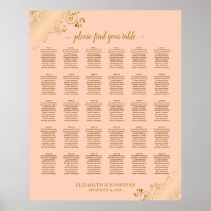 Gold & Coral Peach 30 Table Wedding Seating Chart