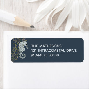 Gold Coral & Watercolor Seahorse Navy Blue Coastal Return Address Label