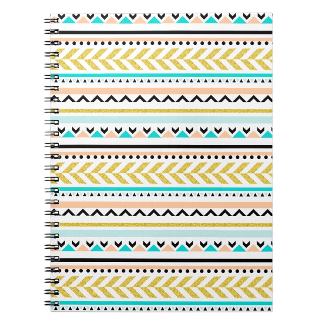 Gold, Coral, White, Aqua, Black Aztec Pattern Notebook (Front)