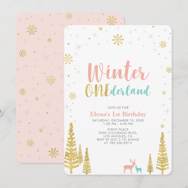 Gold & Coral Winter onederland 1st birthday party Invitation (Front/Back)
