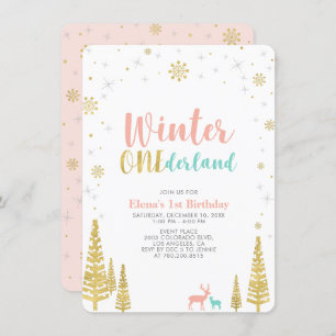 Gold & Coral Winter onederland 1st birthday party Invitation