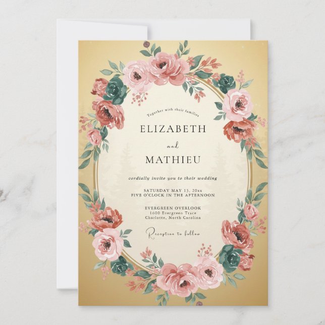Gold Coral Wreath Wedding Invitation (Front)