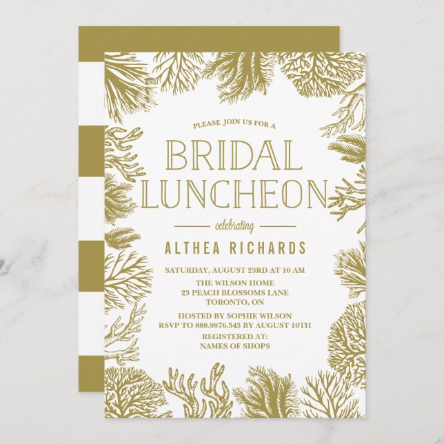 Gold Corals Frame Beach Bridal Luncheon Invitation (Front/Back)