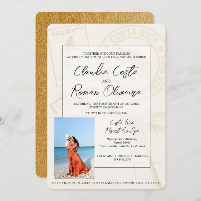 Gold Costa Rica Passport Wedding Invitation (Front/Back)