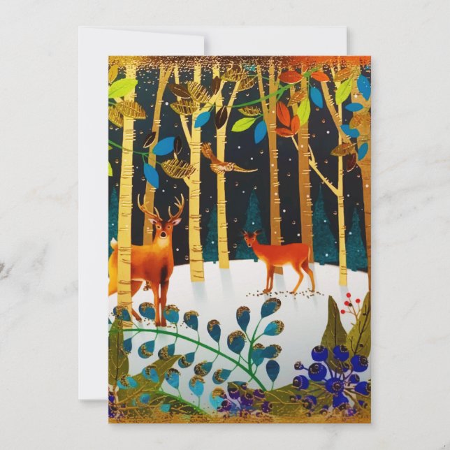 Gold Cosy Winter Deer Forest Watercolor  Holiday Card (Front)