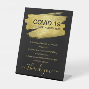 Gold Covid Safety Guidelines Safe Party Black  Pedestal Sign