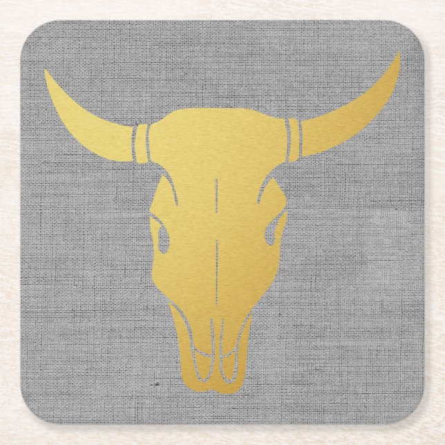 Gold Cow Skull Square Paper Coaster (Front)