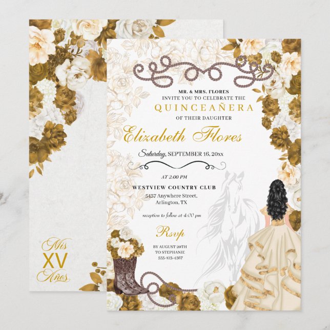 Gold Cowgirl Charro Western Quinceañera Invitation (Front/Back)