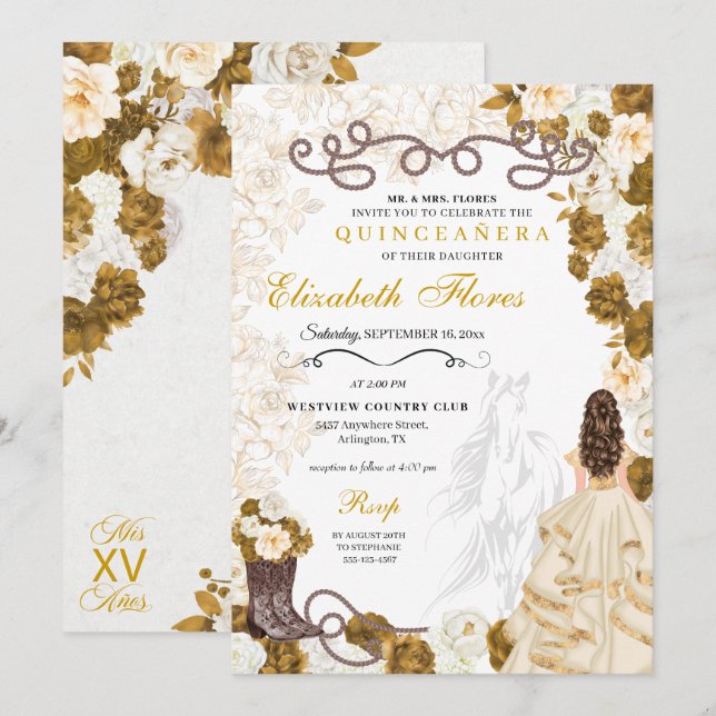 Gold Cowgirl Charro Western Quinceañera Invitation (Front/Back)