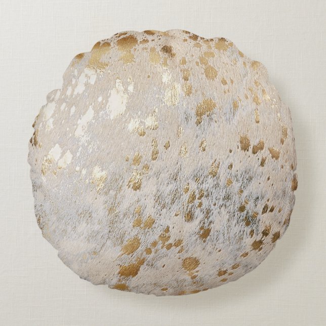Gold Cowhide Print Metallic Minimal Western Round Cushion (Front)