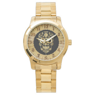 Gold cranium sugar skull design watch