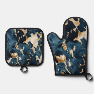 Gold Cream Blue Cowhide Oven Mitt & Pot Holder Set