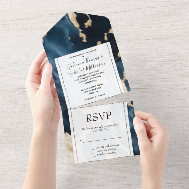 Gold Cream Blue Cream Cowhide All In One Invitation (Tearaway)