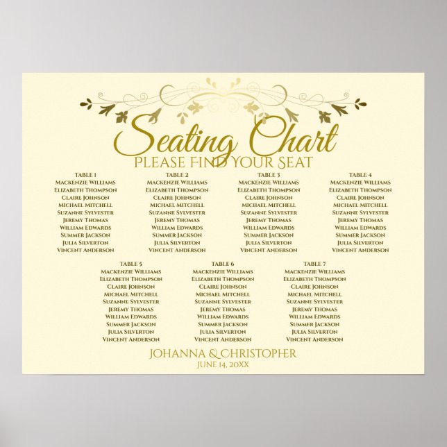 Gold & Cream Elegant 7 Table Wedding Seating Chart (Front)