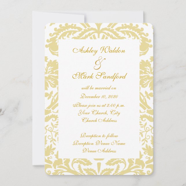 Gold Cream Floral Damask Wedding Invitation (Front)