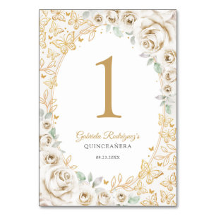 Gold Cream Floral Quinceanera Table Number