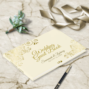 Gold & Cream Frilly Filigree Elegant Wedding Guest Book