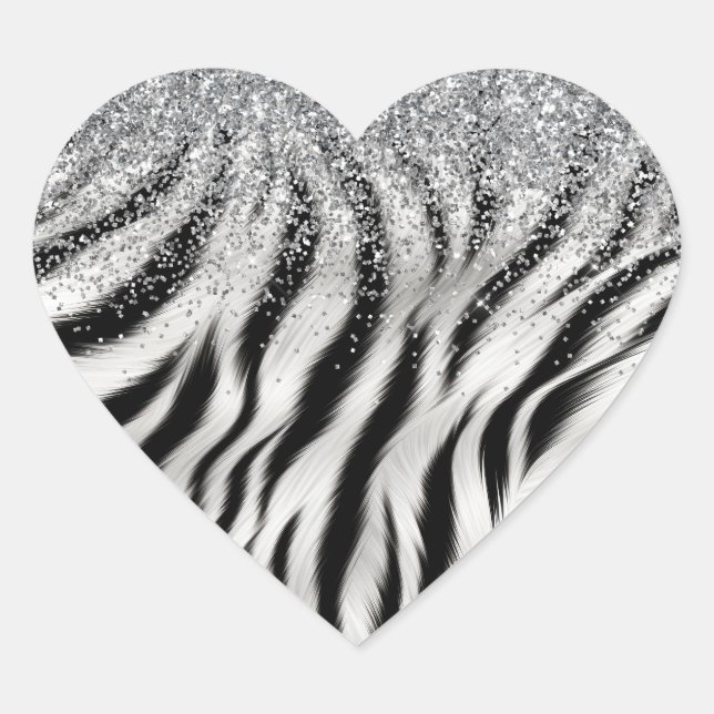 Gold Cream Glitzy Glitter Zebra Print Heart Sticker (Front)