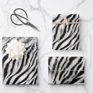 Gold Cream Glitzy Glitter Zebra Print Wrapping Paper Sheet