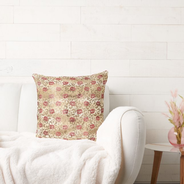 Gold Cream Leopard Red Lips Cushion (Couch)