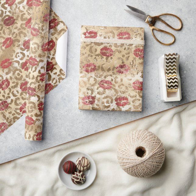 Gold Cream Leopard Red Lips Wrapping Paper (Crafts)