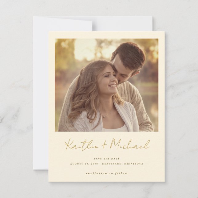 Gold & Cream Modern Handwriting Photo Wedding Save The Date (Front)