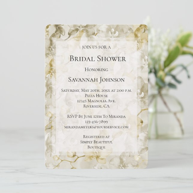 Gold Cream Orchid Flowers Bridal Shower Invitation (Standing Front)
