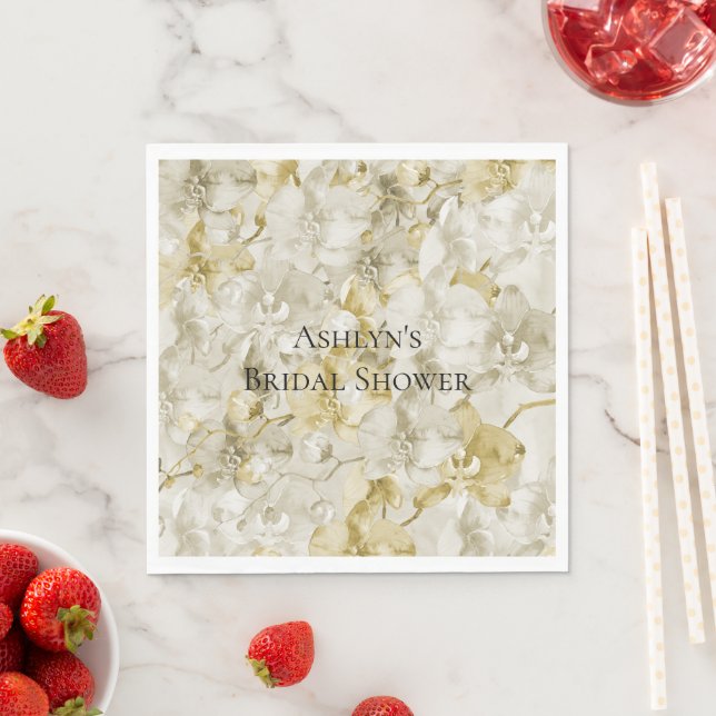 Gold Cream Orchid Flowers Bridal Shower Napkin (Insitu)