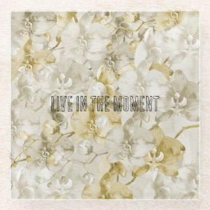 Gold Cream Orchid Flowers Glass Coaster