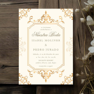 Gold Cream Ornament Vintage Nuestra Boda Wedding Invitation