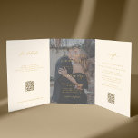 Gold cream photo wedding RSVP details QR code  Tri-Fold Invitation<br><div class="desc">Modern simple minimal typography trendy faux gold typography cream ivory all in one budget wedding invitation template with 2 photos, rsvp, and details with scanning QR codes featuring a chic trendy calligraphy script and transparent overlay. Easy to personalise with one or two custom photos (you can upload the same photo...</div>