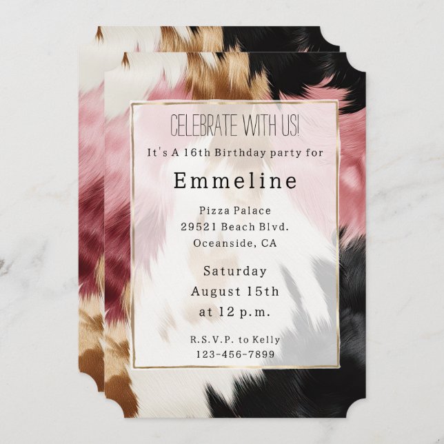 Gold Cream Pink Black Cowgirl Cowhide Invitation (Front/Back)