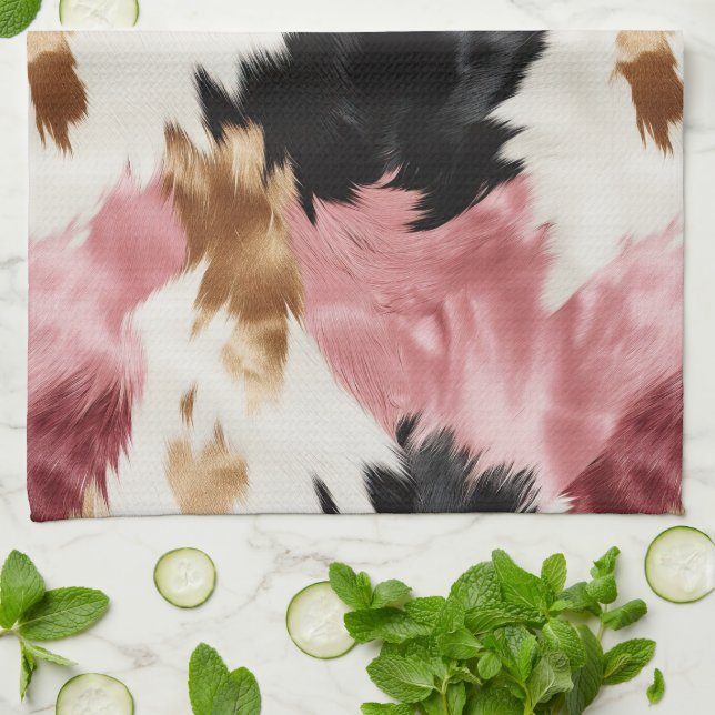 Gold Cream Pink Black Cowgirl Cowhide  Tea Towel (Folded)