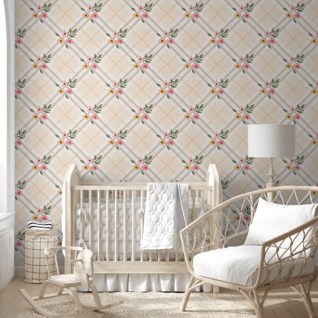 Gold Cream Plaid Floral Wallpaper (Kids)