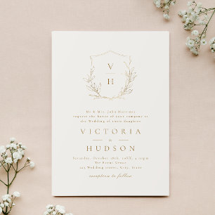 Gold cream simple botanical crest monogram wedding invitation