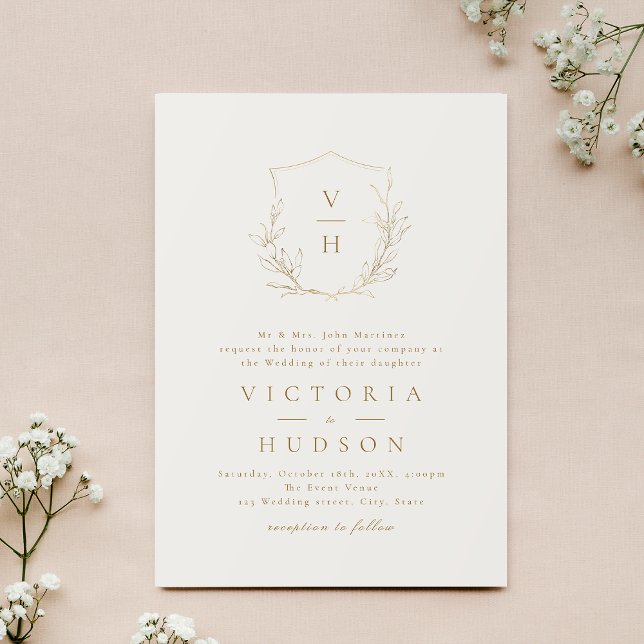 Gold cream simple botanical crest monogram wedding invitation (Gold simple botanical crest monogram wedding invitation)